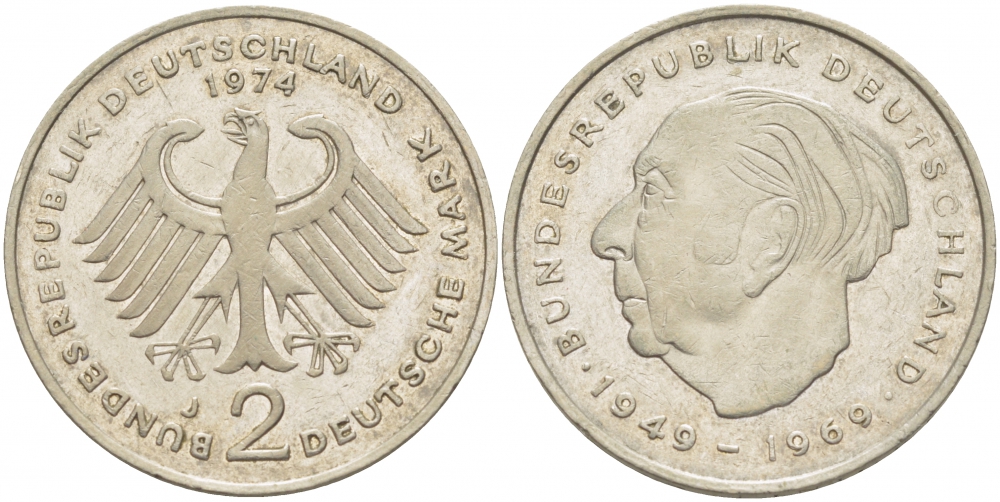 ФРГ 2 МАРКИ 1974 J, ТЕОДОР ХОЙС KM 127, J. 407 медно-никель плакированный никелем 3718-1116