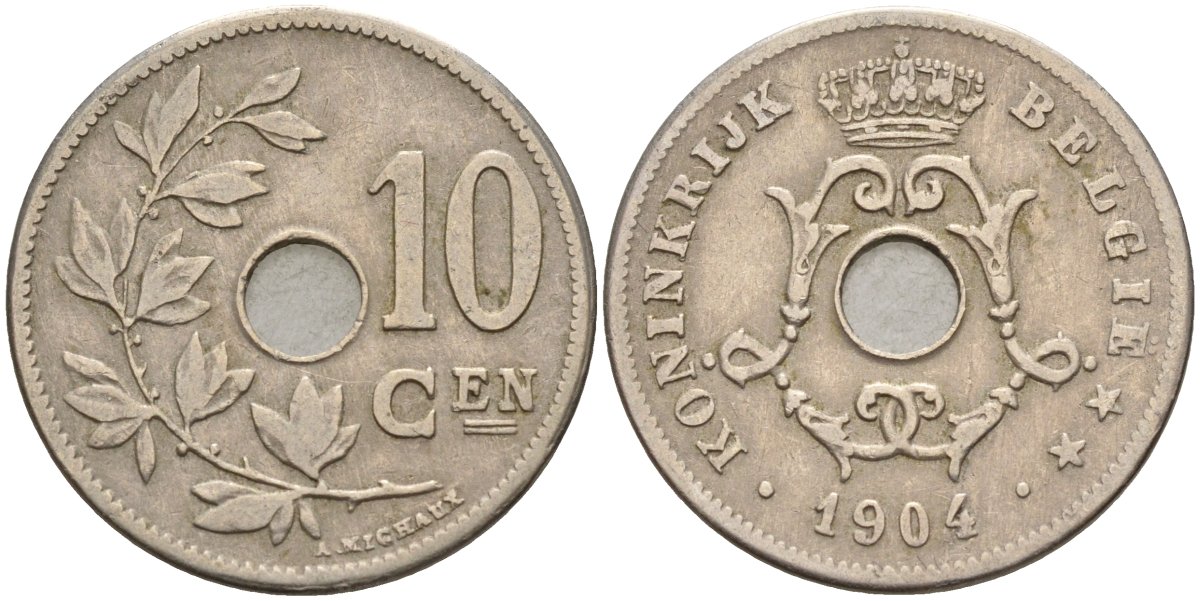 Бельгия 10 сантимов 1904 BELGIE KM 52 медно-никель 4143-545