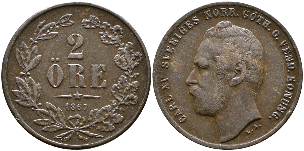 Швеция 2 эре 1867 Карл XV (1859-1872) KM 706 бронза 83-1815
