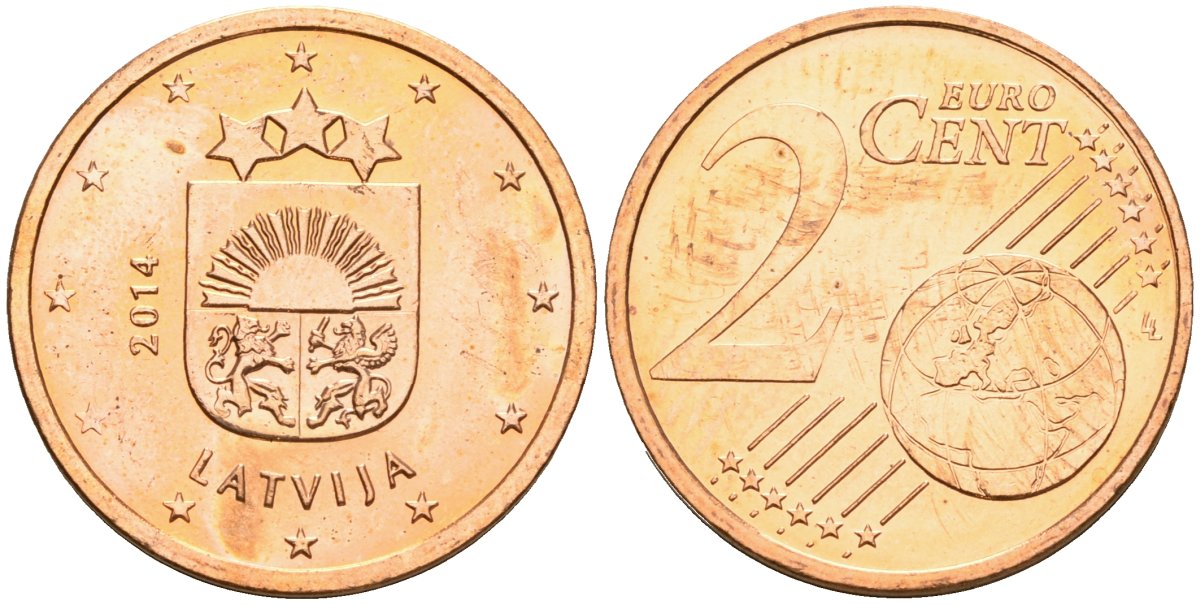 Латвия 2 евроцента 2014 KM 151 сталь плакированная медью UNC 4608-923