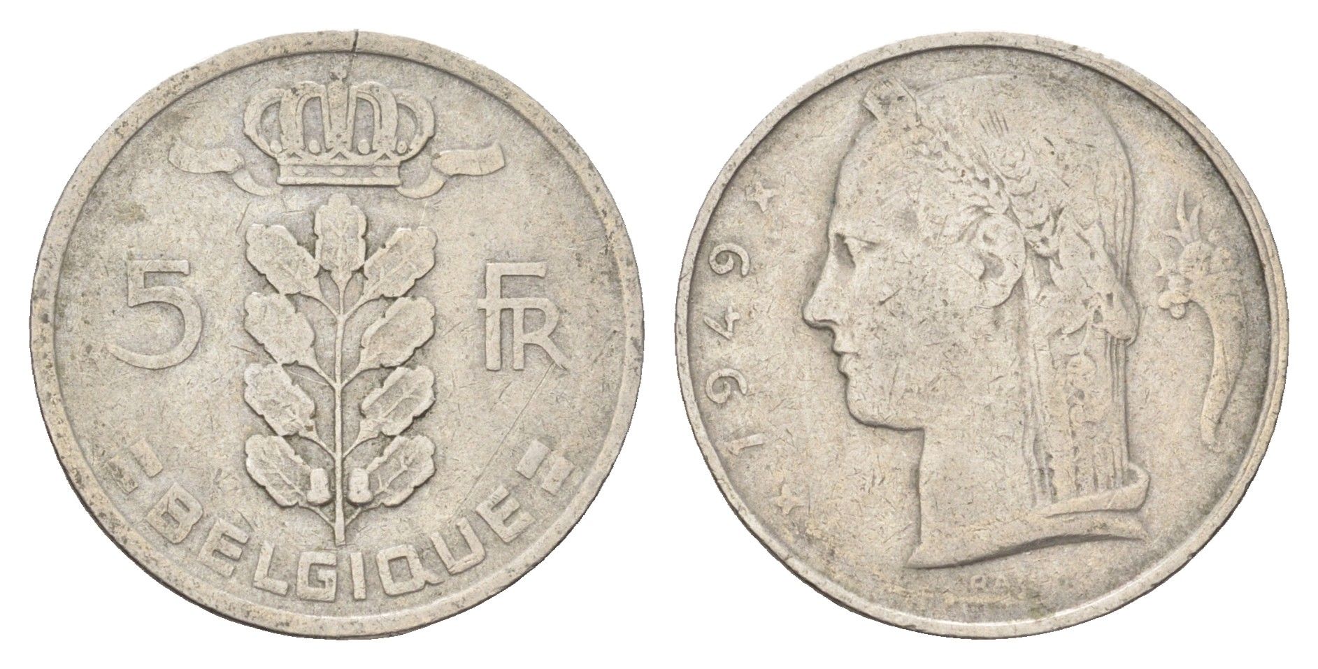 Бельгия 5 франков 1949 Belgique, Бодуэн I (1951-1993) KM 134 медно-никель 4704-1046