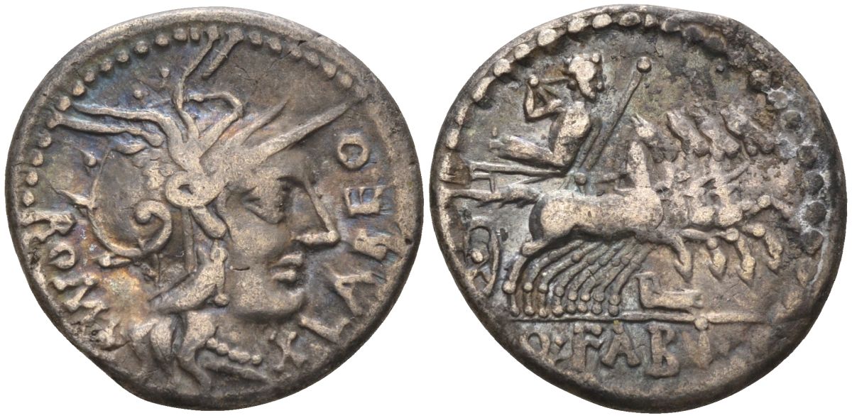 Римская Республика денарий 124 г. до н.э. монетарий Кв. Флабий Лабеон, ROMA X LABEO, голова Ромы в шлеме, X (обозначение номинала) / Q FABI, Юпитер в квадриге, Рим, 3,82 гр Cr. 307/1d; Syd. 566 серебро 1073-9-33