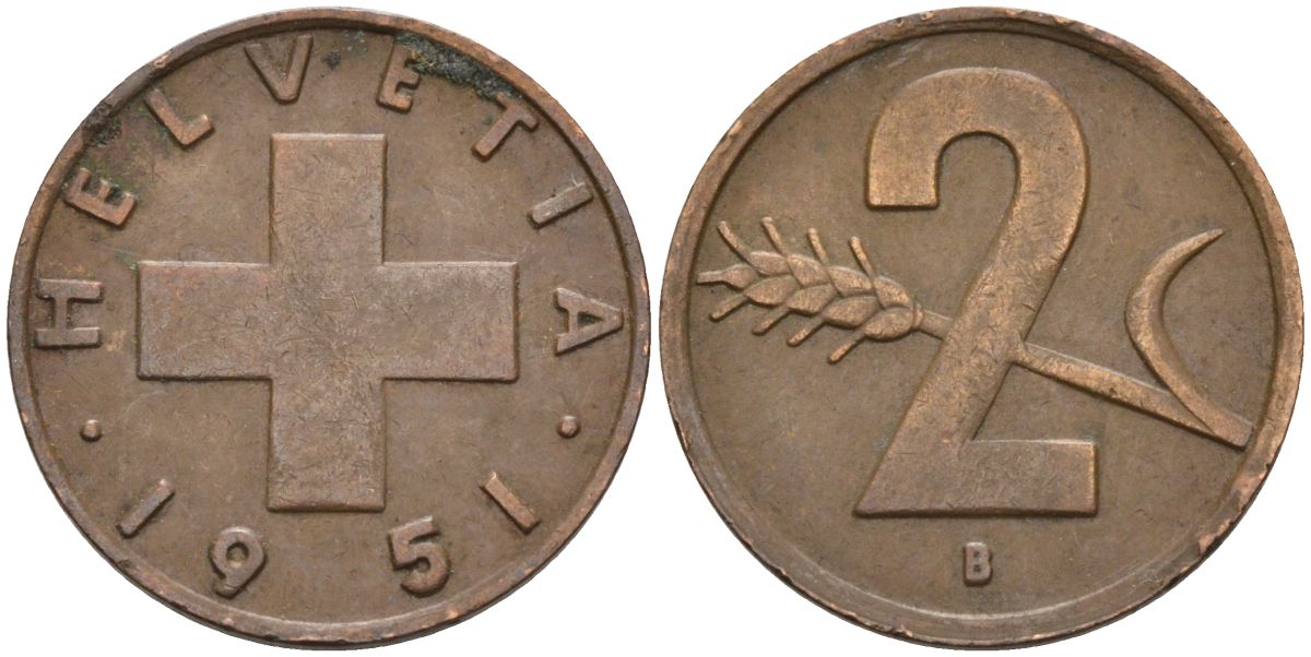 Швейцария 2 раппена 1951 В KM 47 бронза 4114-632