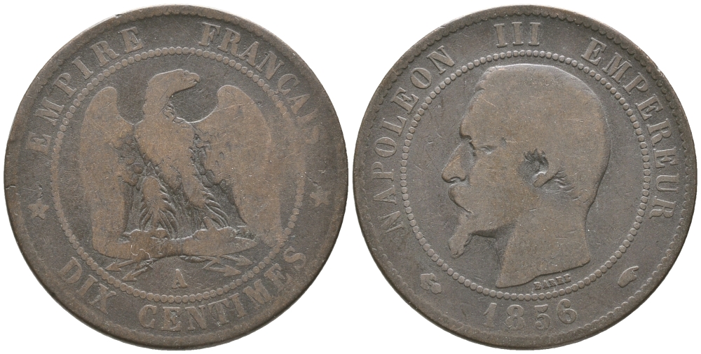 ФРАНЦИЯ 10 САНТИМОВ 1856 A, НАПОЛЕОН III (1852-1870) KM 777.1, LA FRANC 133.32 бронза 51-2733