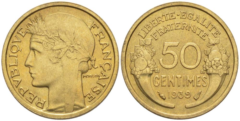 ФРАНЦИЯ 50 САНТИМОВ 1939 ТИП MORLON KM 894.1, LE FRANC 192.15 алюминиевая бронза 44-844