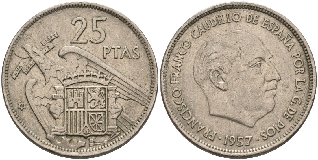 Испания 25 песет 1957 (74) Франсиско Франко (1939-1975) KM 787 медно-никель 4572-1032