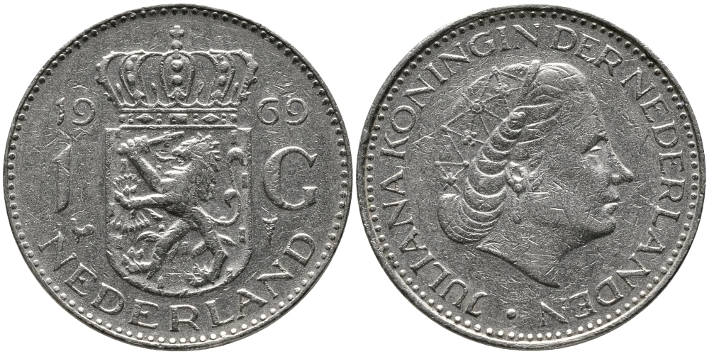 Нидерланды 1 гульден 1969 Юлиана (1948-1980) KM 184a никель 34-215