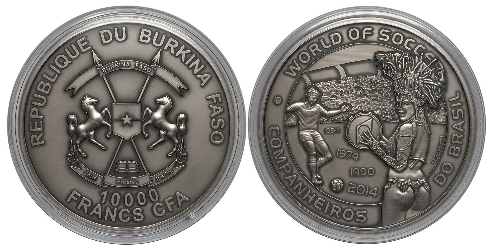 Республика Буркина Фасо 10000 франков 2014 Чемпионат мира по футболу 2014, Бразилия, 1 килограмм KM NEW серебро PROOF 00-000-00