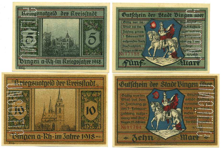 БИНГЕН-НА-РЕЙНЕ, ГЕРМАНИЯ НАБОР ИЗ 2 БАНКНОТ 1918-1919 25 ОКТЯБРЯ 1918 - 1 ФЕВРАЛЯ 1919, НОТГЕЛЬД, ЗЕМЛЯ ГЕССЕН (5 И 10 МАРОК) Geiger 047.01, 047.02 бумага UNC (ПРЕСС) 8613-16-1