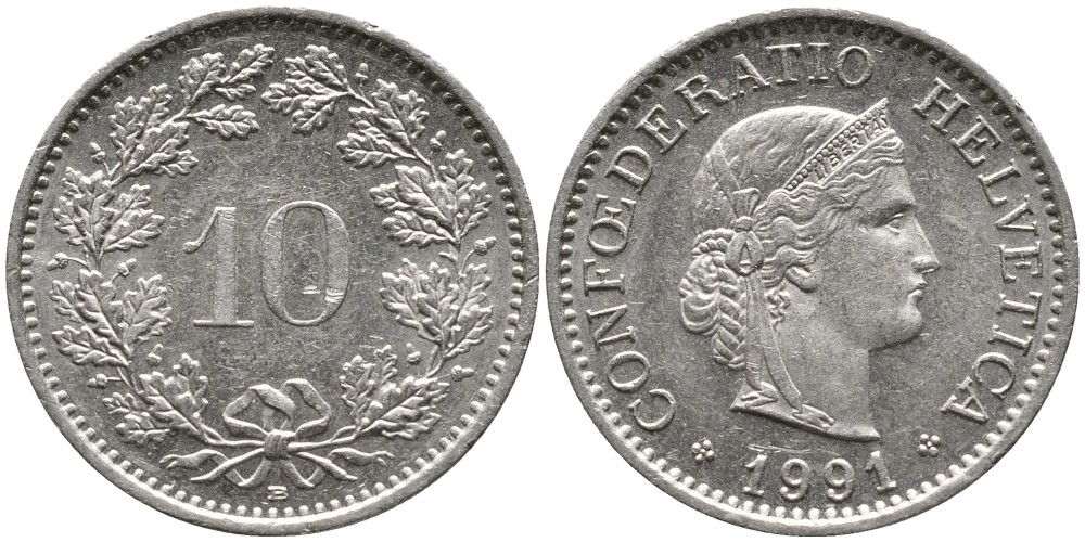 ШВЕЙЦАРИЯ 10 РАППЕНОВ 1991 В KM 27 медно-никель 4539-533