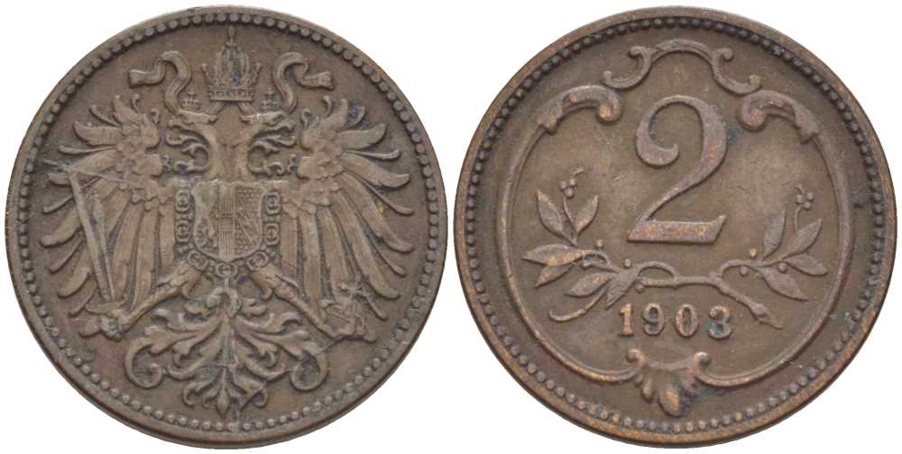 АВСТРИЯ 2 ГЕЛЛЕРА 1903 ФРАНЦ ИОСИФ (1846-1918) KM 2801 бронза 201-954