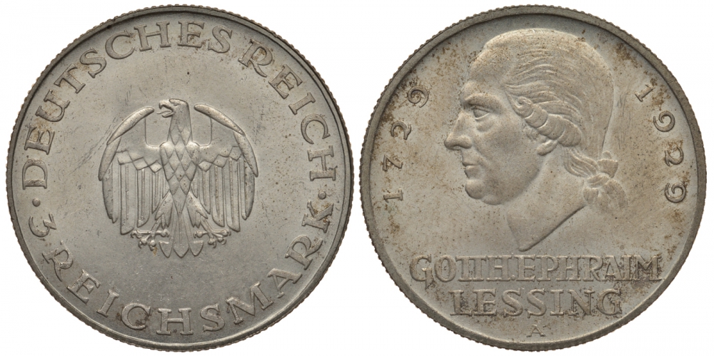 Германия 3 марки 1929 A, 200 лет со дня рождения Лессинга J. 335, KM 60 серебро aUNC 00-809-13