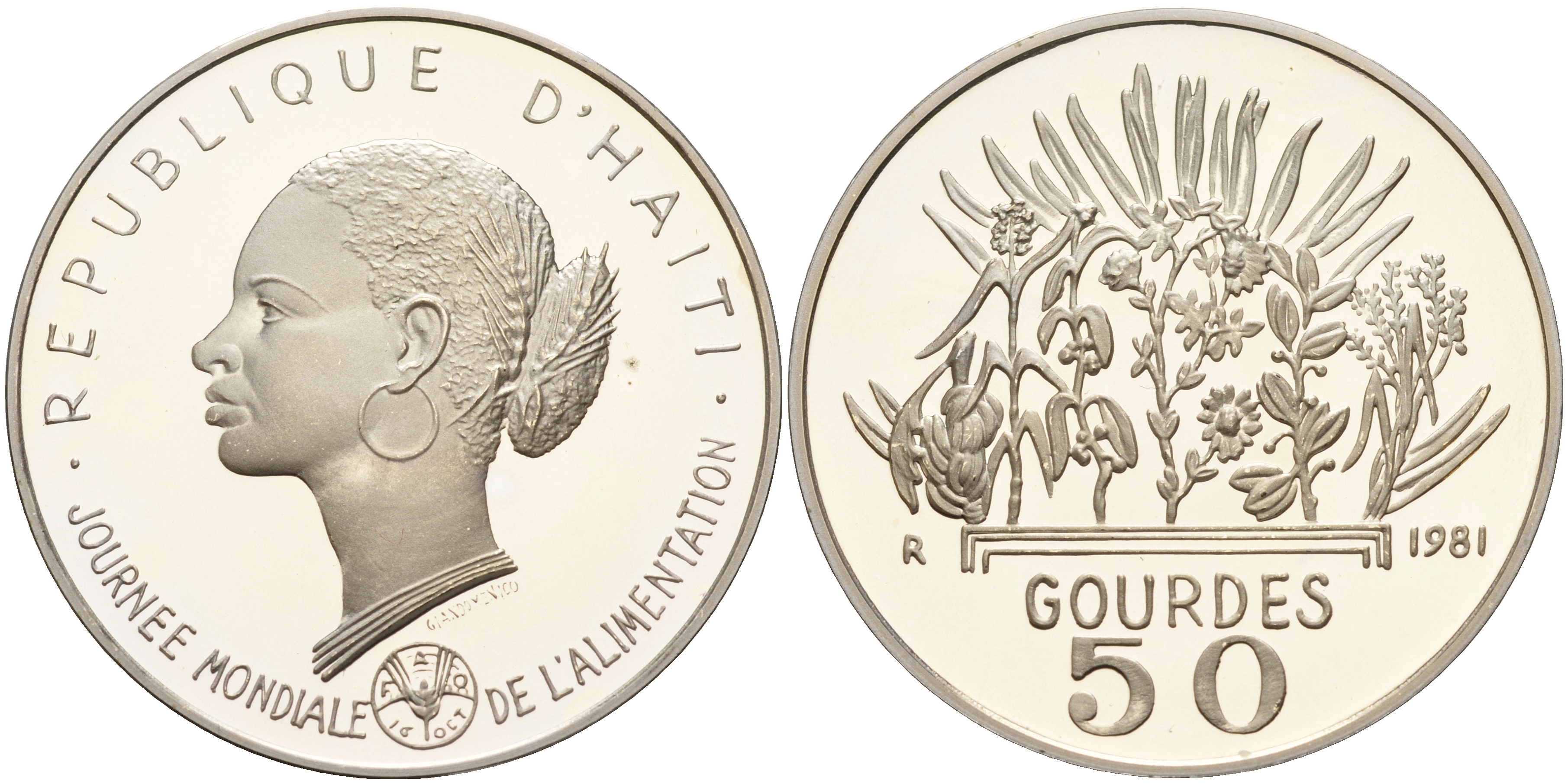 Гаити 50 гурдов 1981 50 лет FAO, голова женщины KM 149 серебро PROOF 1066-1-22