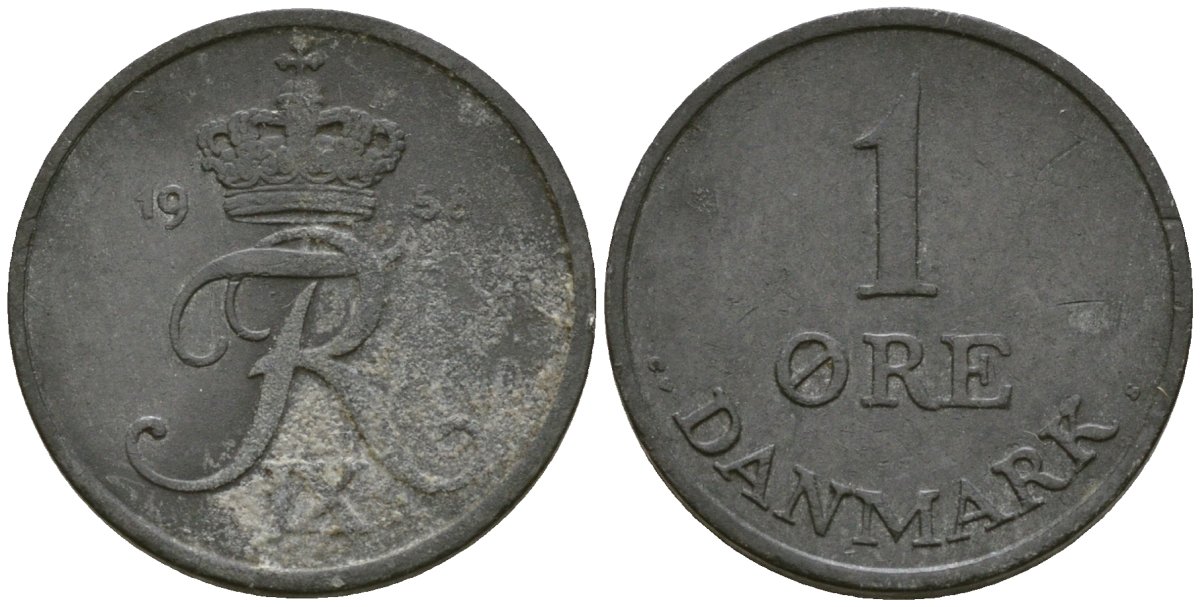 Дания 1 эре 1958 C;S, Фредерик IX (1947-1972) KM 839.2 цинк 4174-245