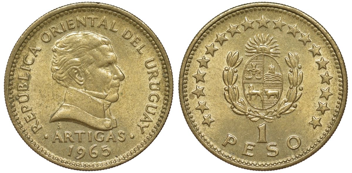 Уругвай 1 песо 1965 KM 46 алюминиевая бронза 36-351