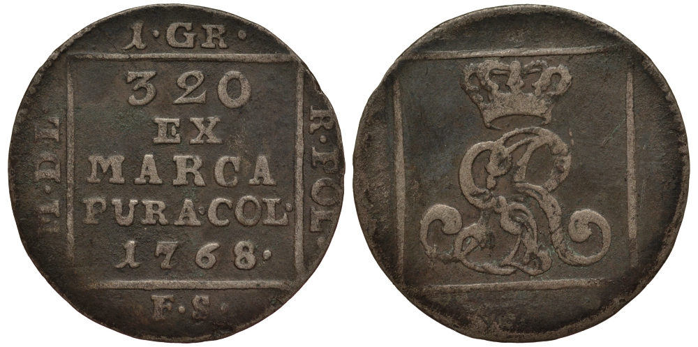 Польша 1 грош 1768 FS, Станислав Август Понятовский (1764-1795), вес 1,89 гр., Варшавский монетный двор KM 183 (C47), Kopinski 397.3a серебро 1516-1144