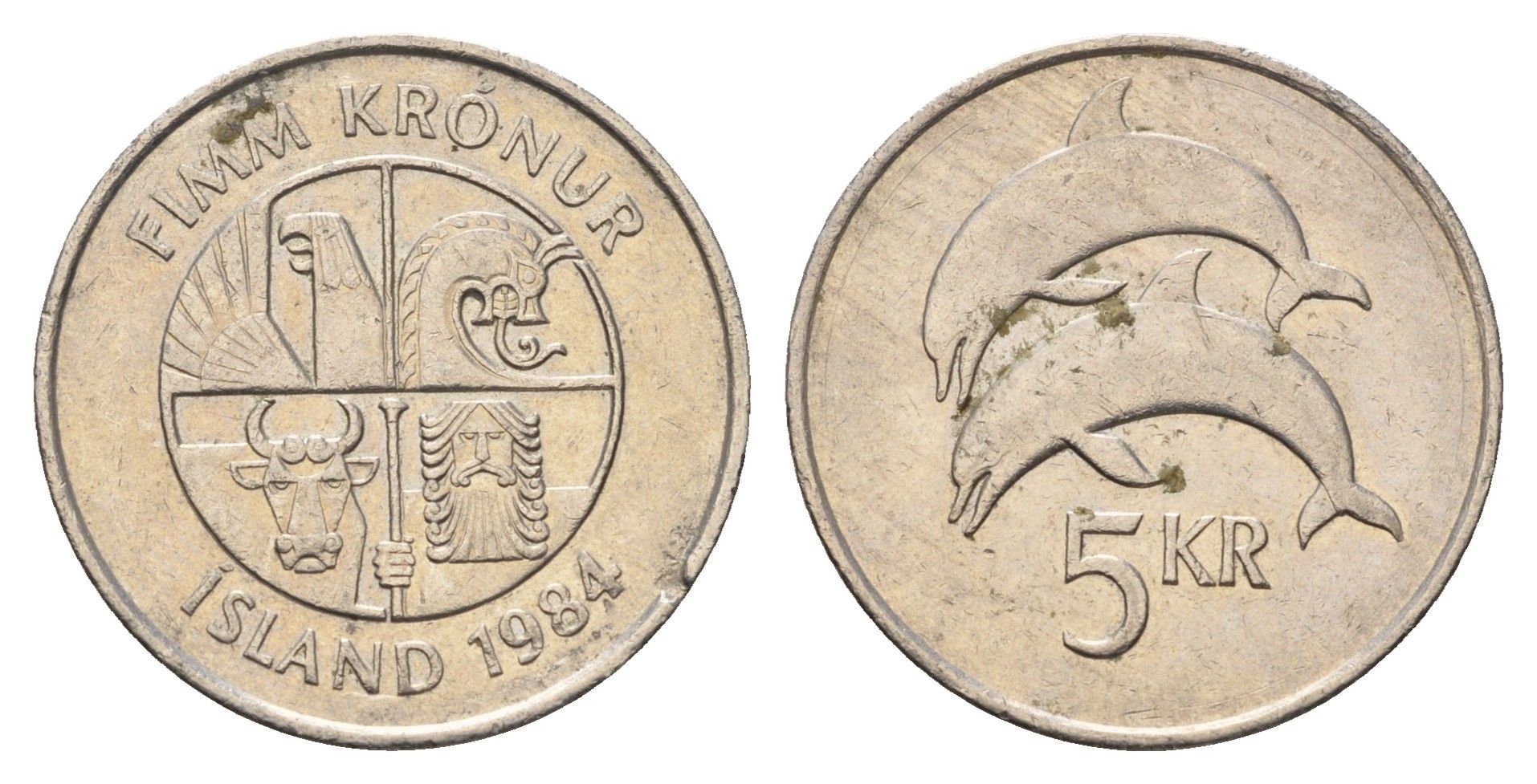Исландия 5 крон 1984 дельфины KM 28 медно-никель 4591-934