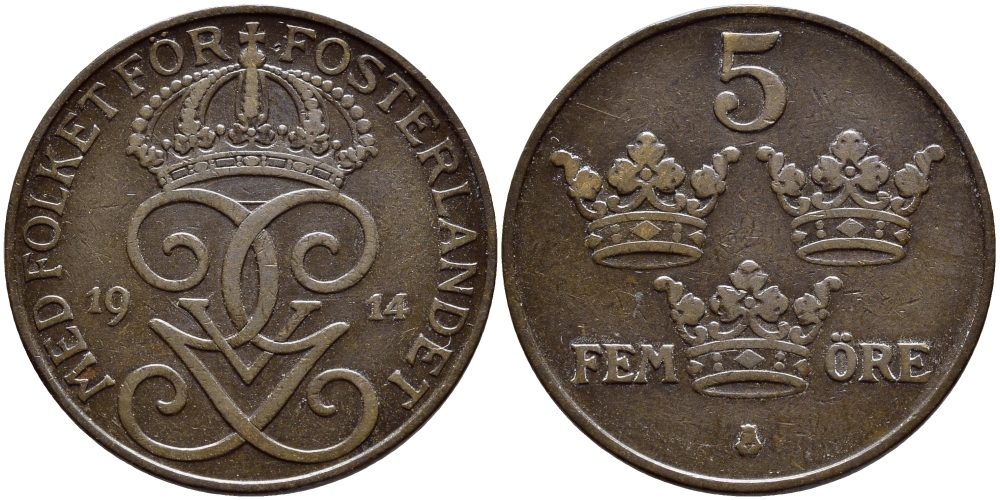 Швеция 5 эре 1914 Густав V (1907-1950) KM 779.2 бронза 4394-835