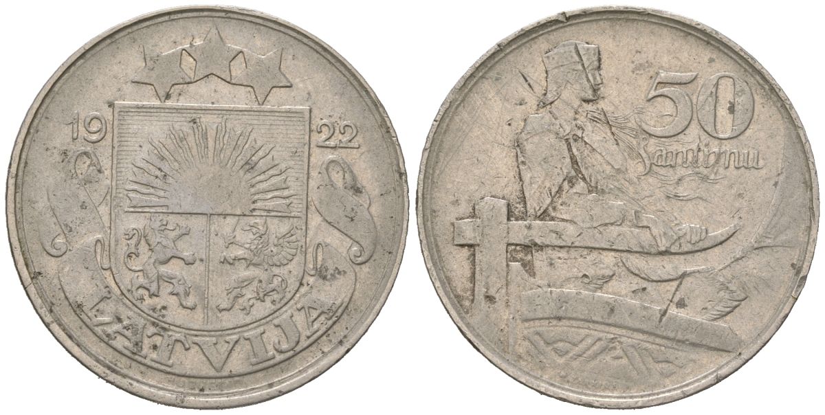 Латвия 50 сантимов 1922 первая Республика (1918-1939) KM 6 никель 92-144