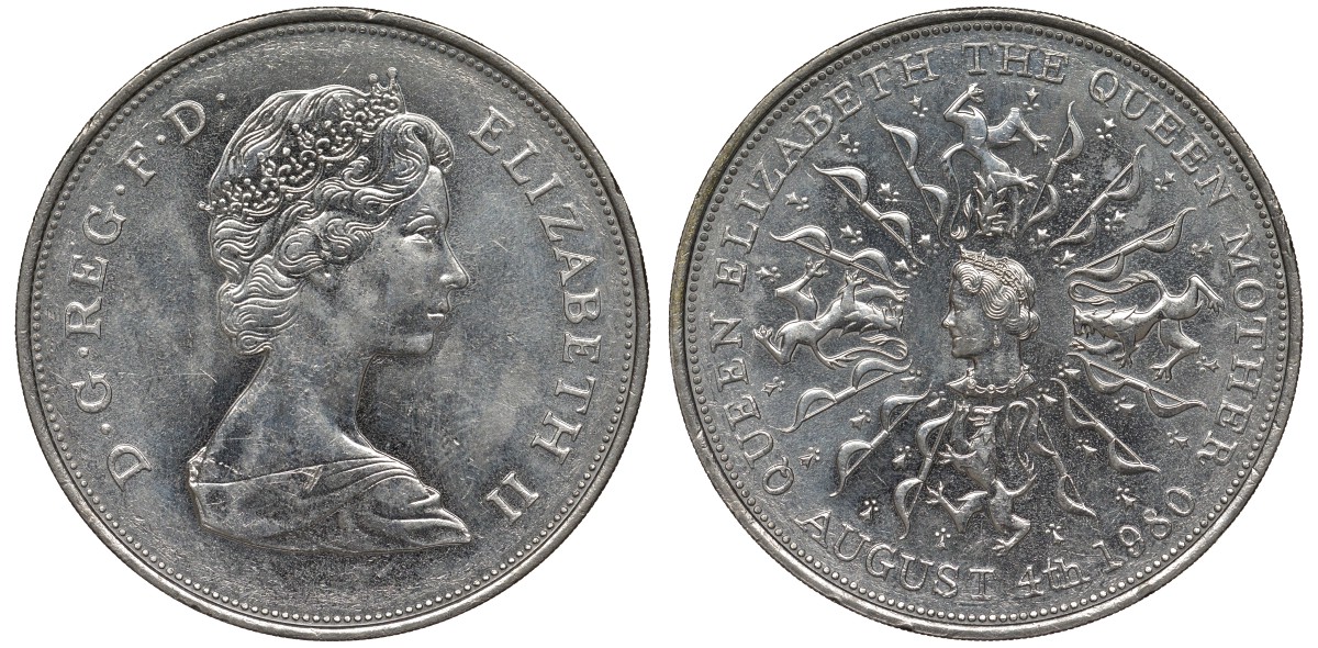 Великобритания 25 пенсов 1980 80 лет королеве Елизавете-королеве матери, Елизавета II (1952-2022) KM 921, Spink 2228 медно-никель аUNC 4125-322