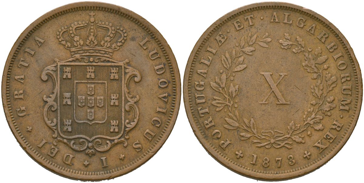 Португалия 10 реалов (рейсов) 1873 Луиш I (1861-1889) KM 514 бронза 4587-812