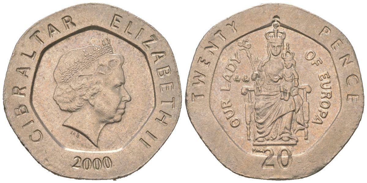 Гибралтар 20 пенсов 2000 KM 777 медно-никель aUNC 4618-627