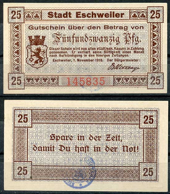 Германия, Эшвайлер 25 пфеннигов 1918 нотгельд, 1.11.1918 бумага UNC (пресс) 8614-46-1-1