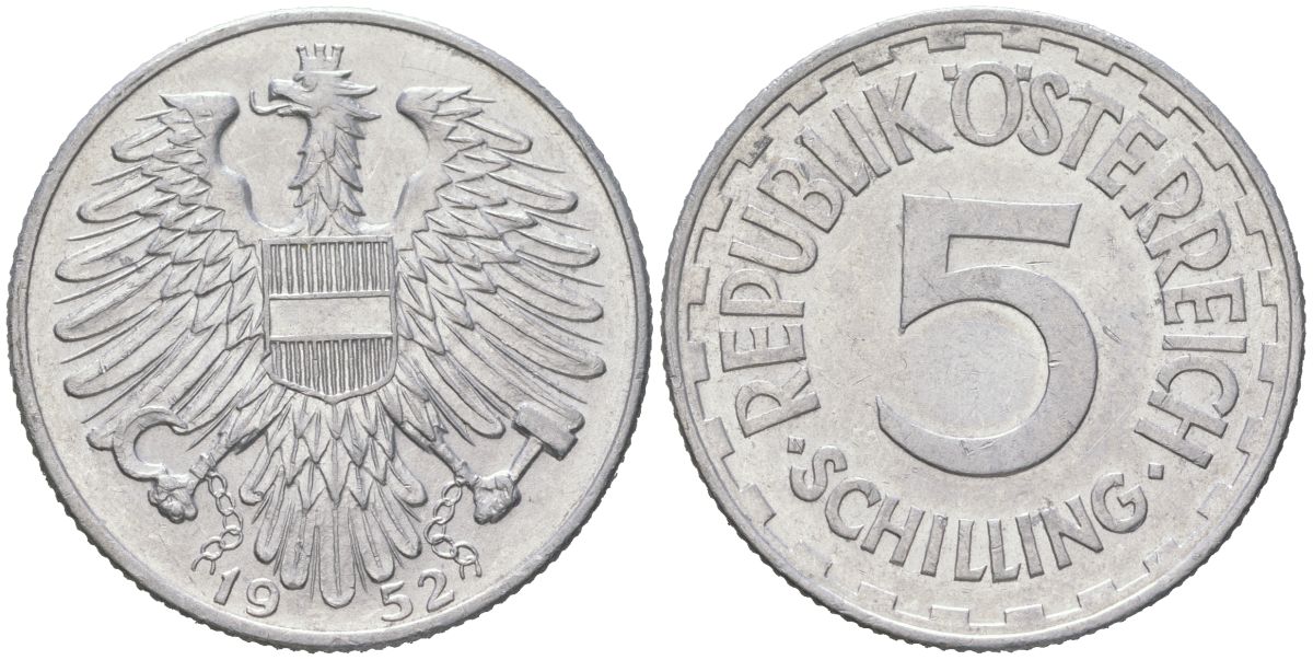 Австрия 5 шиллингов 1952 KM 2879 алюминий aUNC 189-723