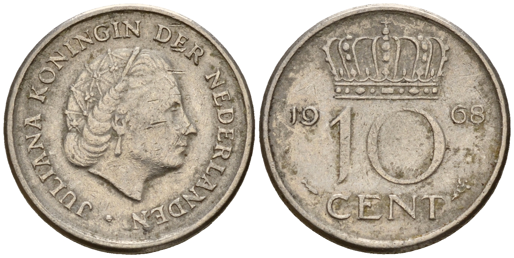 Нидерланды 10 центов 1968 Юлиана (1949-1980) KM 182 никель    4598-311