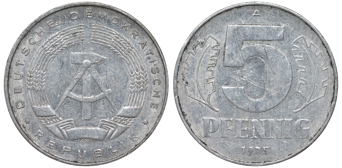 ГДР 5 ПФЕННИГОВ 1975 A KM 9.1 алюминий 62-316