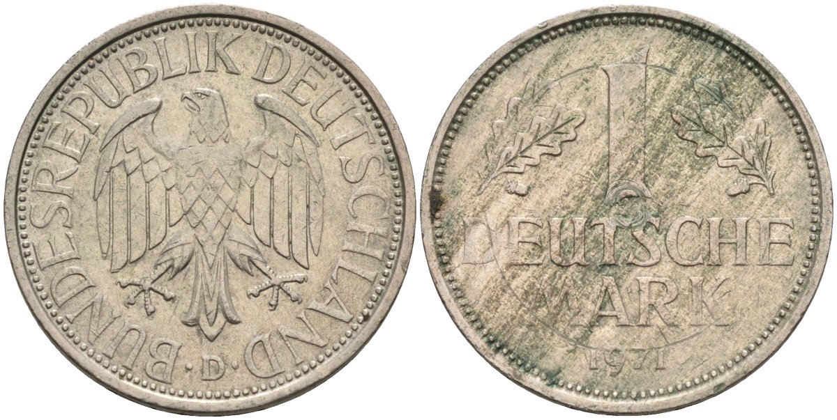 ФРГ 1 марка 1971 D KM 110, J. 385 медно-никель 4584-452