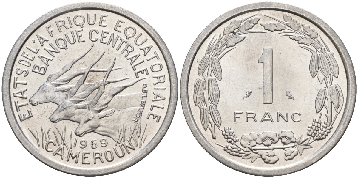 Экваториальные Африканские штаты, Камерун 1 франк 1969 антилопы KM 6 алюминий UNC 4142-526