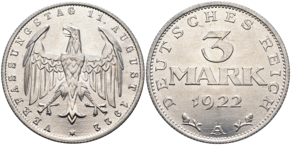 Германия 3 марки 1922 A, третья годовщина Веймарской Конституции KM 29, J.303 алюминий UNC 4587-145