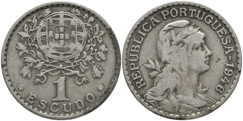ПОРТУГАЛИЯ 1 ЭСКУДО 1946 ГОЛОВА СВОБОДЫ ВПРАВО КМ 578 медно-никель 202-347