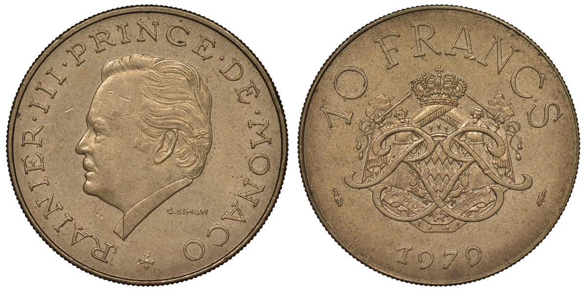 Монако 10 франков 1979 Ренье III (1949-2005) KM 154 медь никель алюминий 71-1113