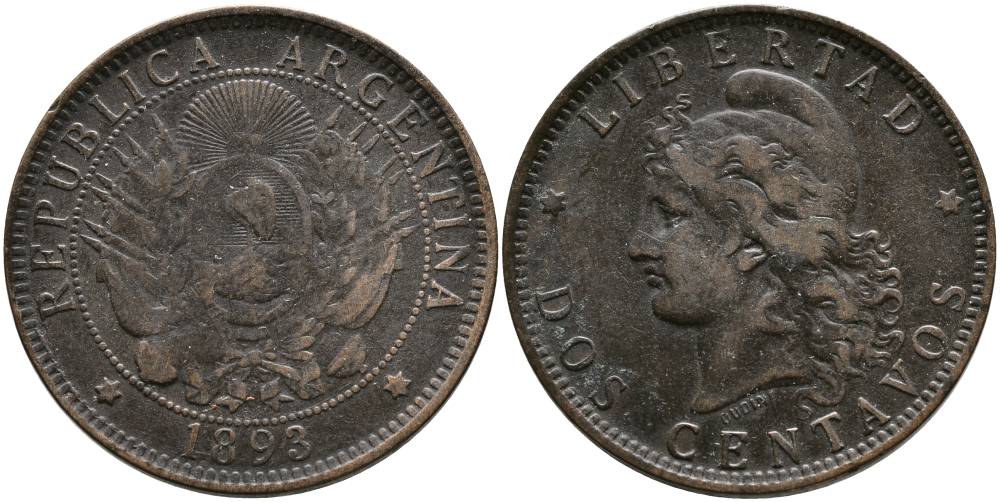 Аргентина 2 сентаво 1893 голова свободы влево KM 8 бронза 4531-1126