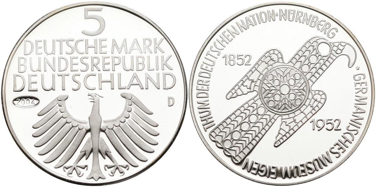 Германия медаль 2004 5 марок 1952 года, 100 лет Германскому музею в Нюрнберге серебро PROOF 00-00