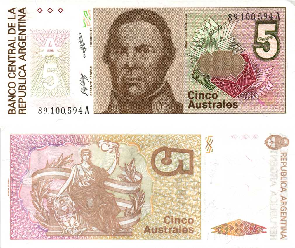 АРГЕНТИНА 5 АУСТРАЛЕЙ 1989 СЕРИЯ А 89100, ХОСЕ де УРКИСА, ПРЕЗИДЕНТ АРГЕНТИНСКОЙ КОНФЕДЕРАЦИИ (1856-1860) Pick 324b бумага aUNC 8592-48-1-2