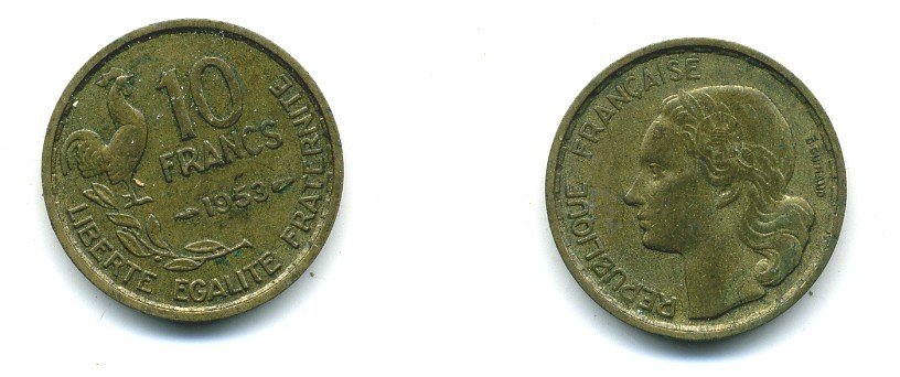 Франция 10 франков 1953 петух KM 915.1, Le Franc 363.8 алюминиевая бронза 84-557