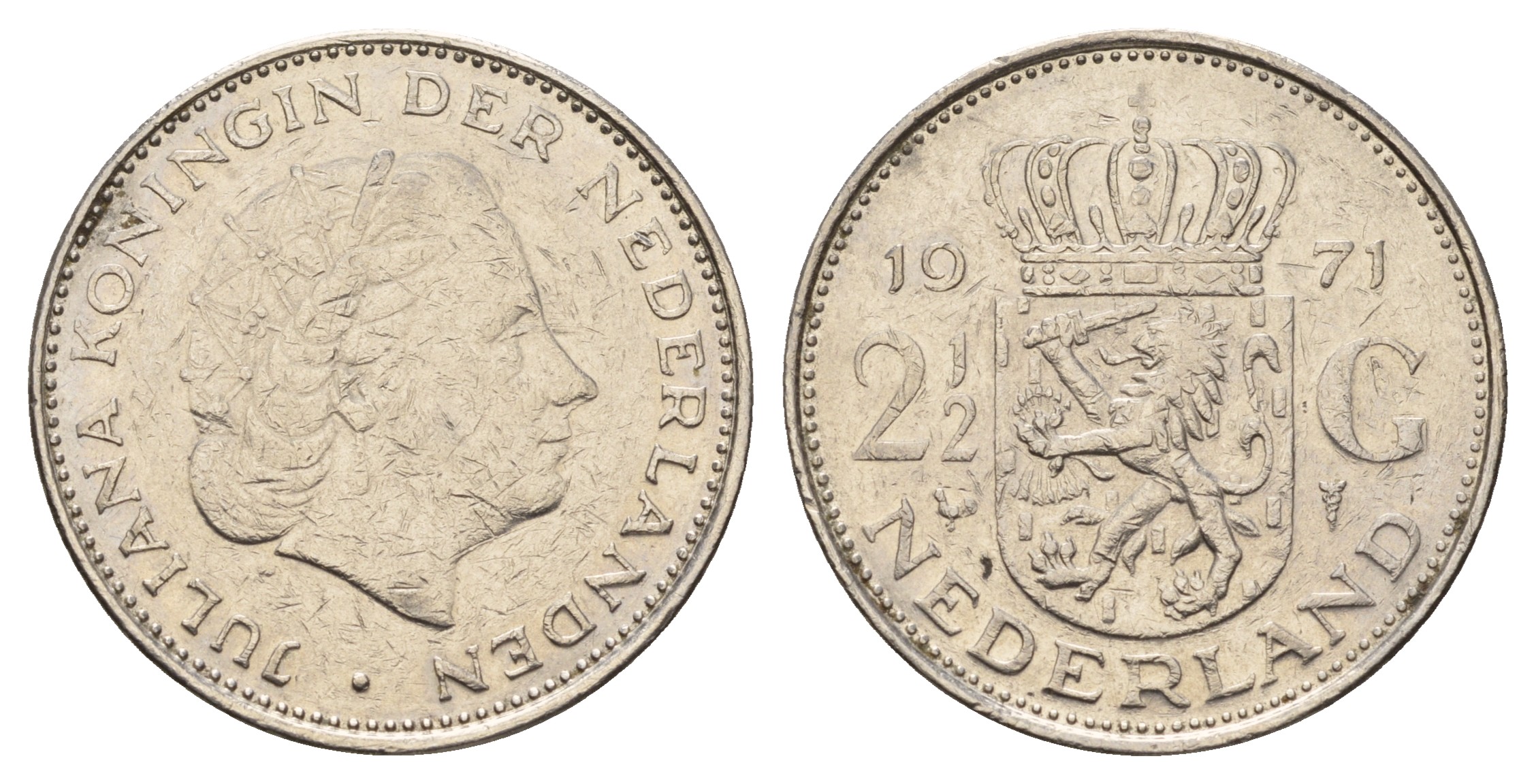 Нидерланды 2 1/2 гульдена 1971 Юлиана (1948-1980) KM 191 никель 4683-911