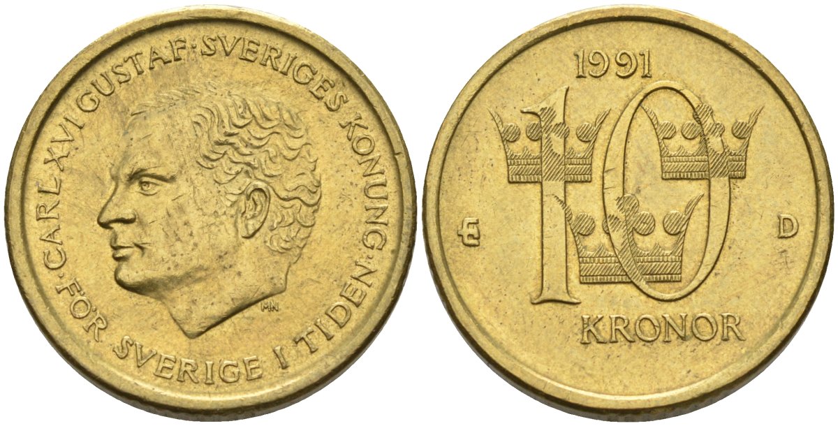 Швеция 10 крон 1991 Карл XVI Густав (1973- ) KM 877 нордик 183-1241