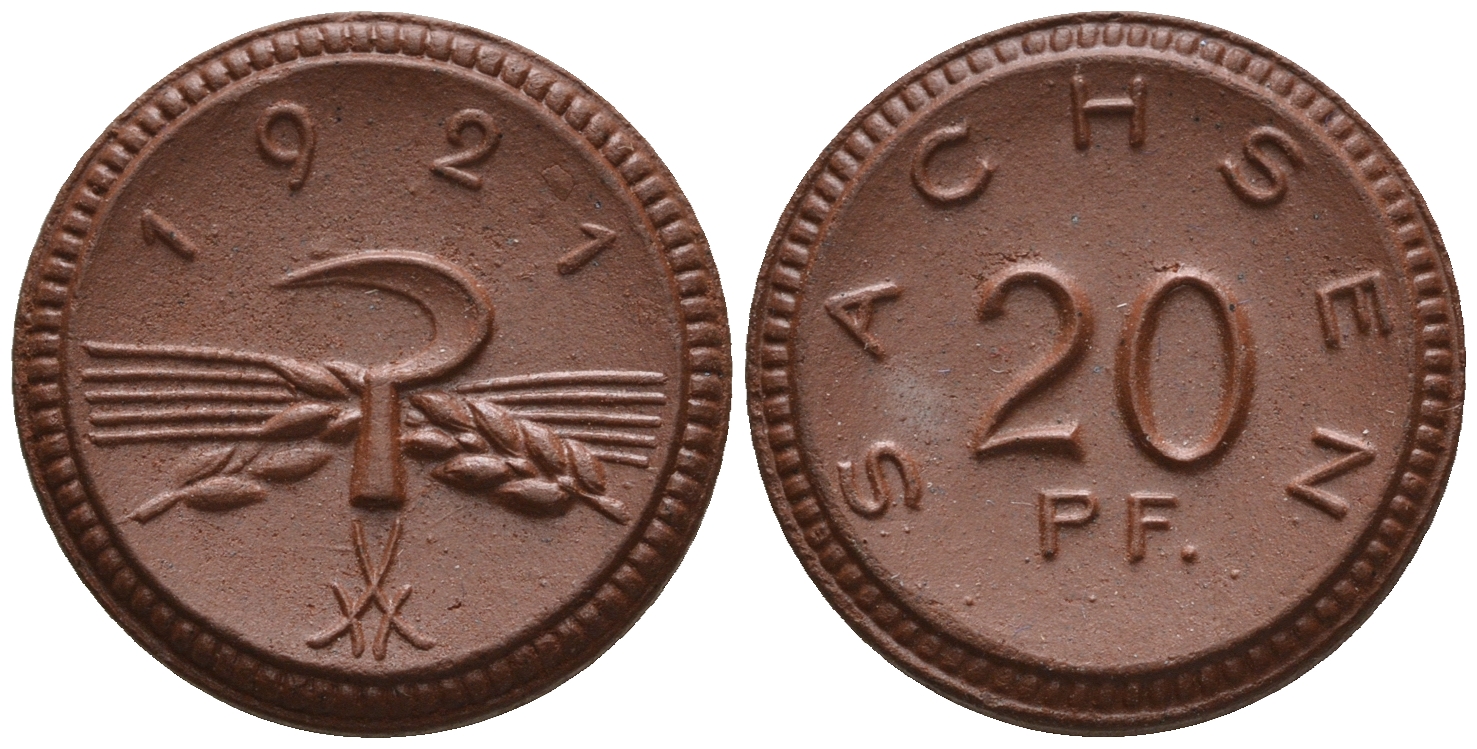 Саксония 20 пфеннигов 1921 колосья и серп J. N 53 фарфор UNC 1094-9-33