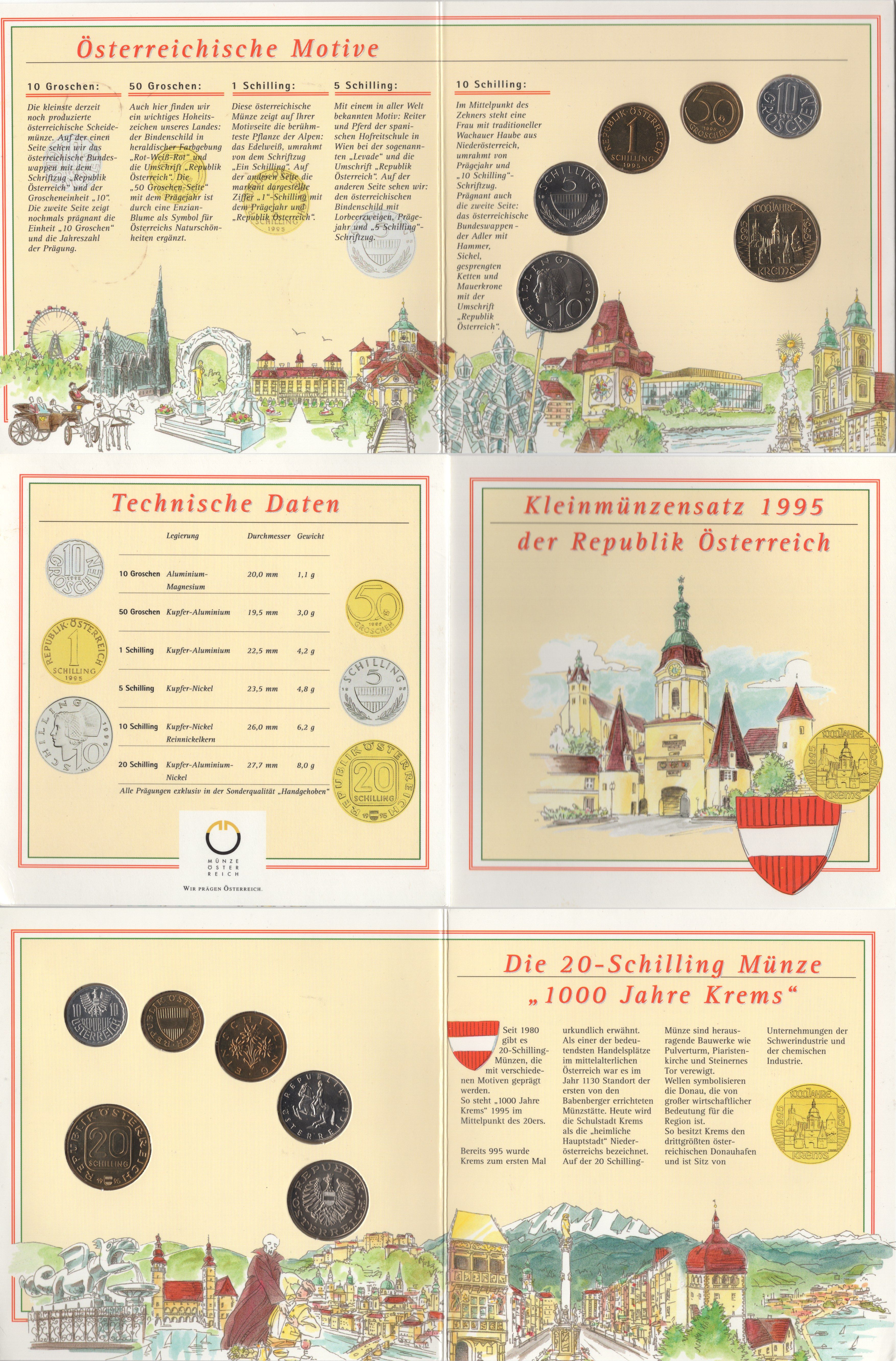 Австрия набор из 6 монет (10, 50 грошей; 1, 5, 10 и 20 шиллингов) 1995 1000 лет городу Кремс, в оригинальной упакове, последний год выпуска шиллинга KM MS4 (2878, 2885, 2886, 2889a, 2918 и 3022) BU 5-6-3-30