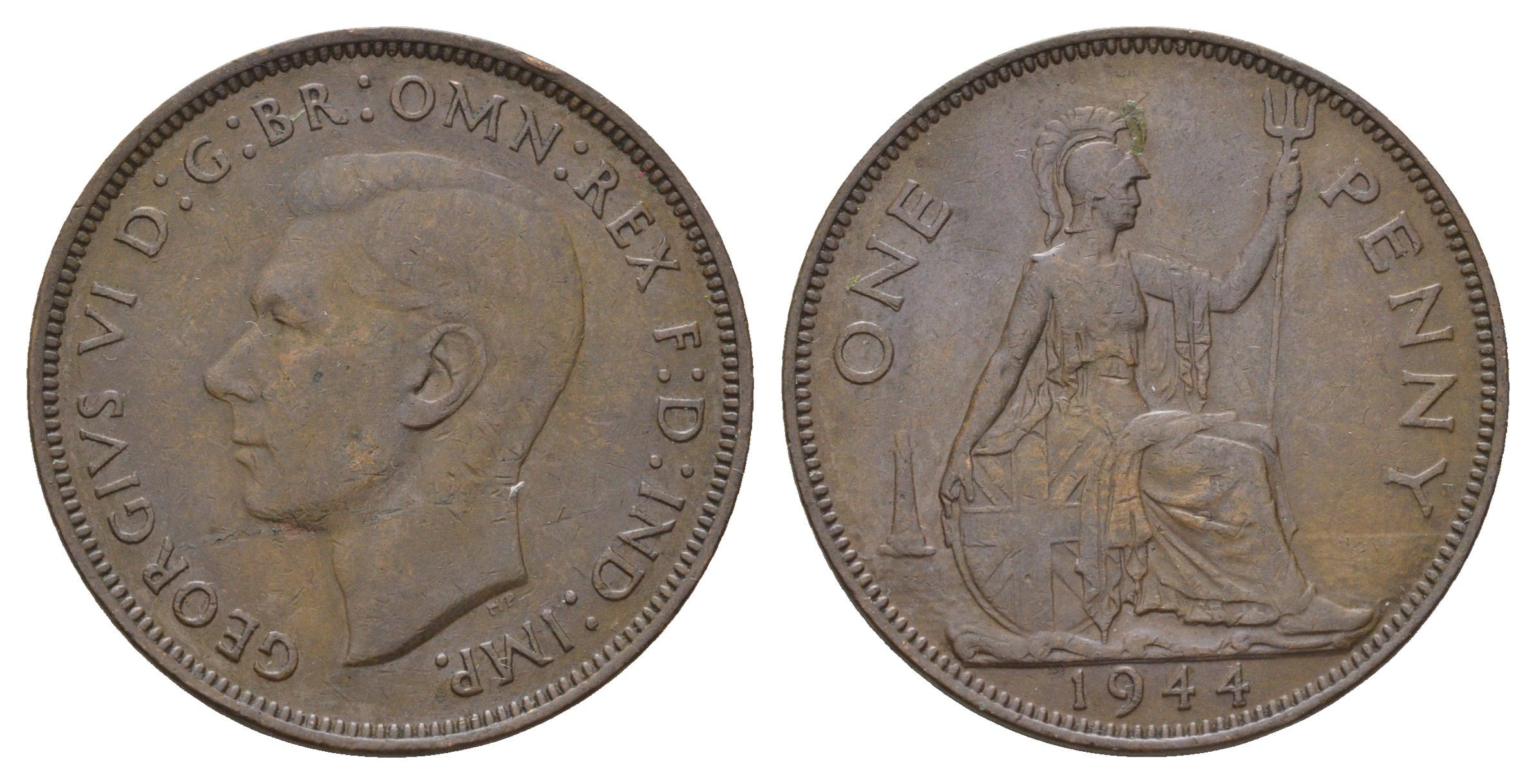 Великобритания 1 пенни 1944 Георг VI (1936-1952) КМ 845, Spink 4114 бронза 4111-714
