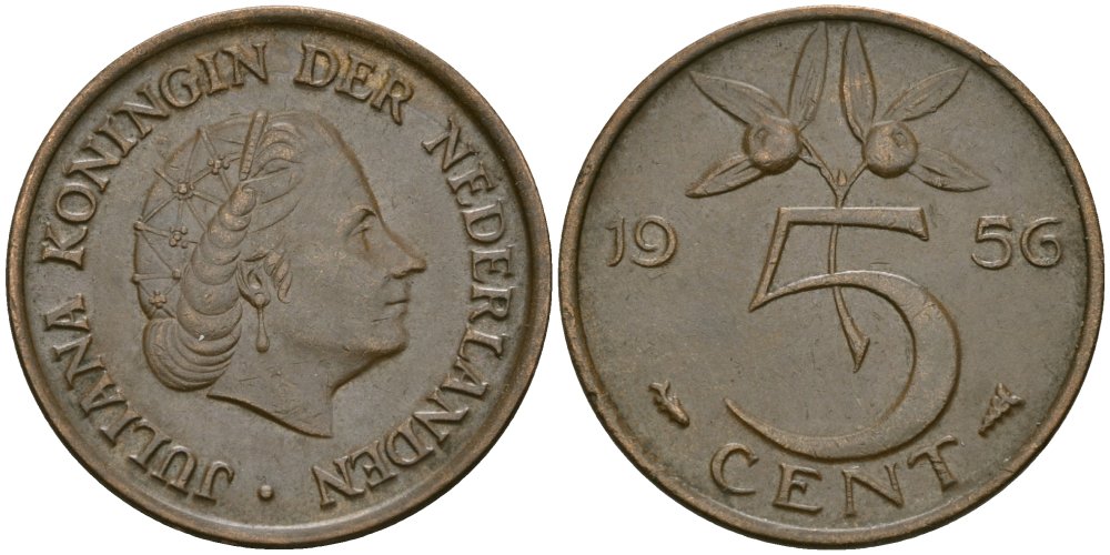 Нидерланды 5 центов 1956 Юлиана (1948-1980) KM 181 бронза 4579-617