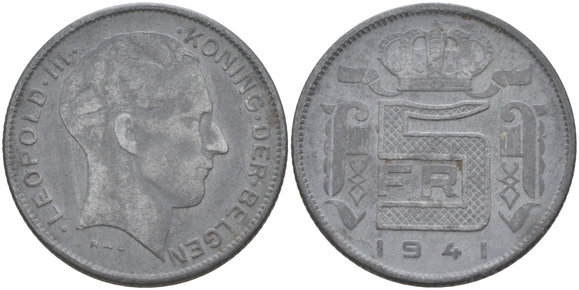 БЕЛЬГИЯ 5 ФРАНКОВ 1941 BELGEN, ГЕРМАНСКАЯ ОККУПАЦИЯ , ВТОРАЯ МИРОВАЯ ВОЙНА KM 130 цинк 68-241