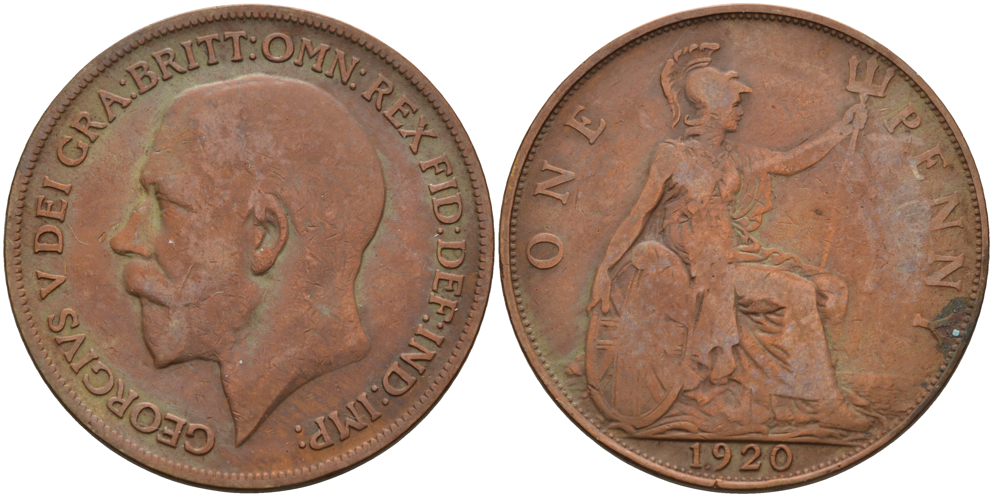Великобритания 1 пенни 1920 Георг V (1910-1936) KM 810, Spink 4051 бронза 4593-213