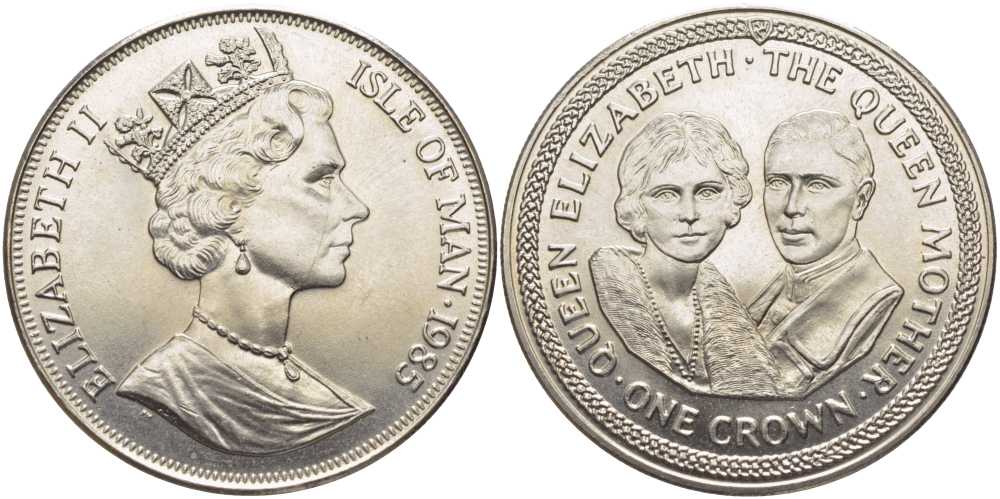 Остров Мэн 1 крона 1985 королева Елизавета (королева-мать), Елизавета и Георг V KM 217 медно-никель UNC 107-811
