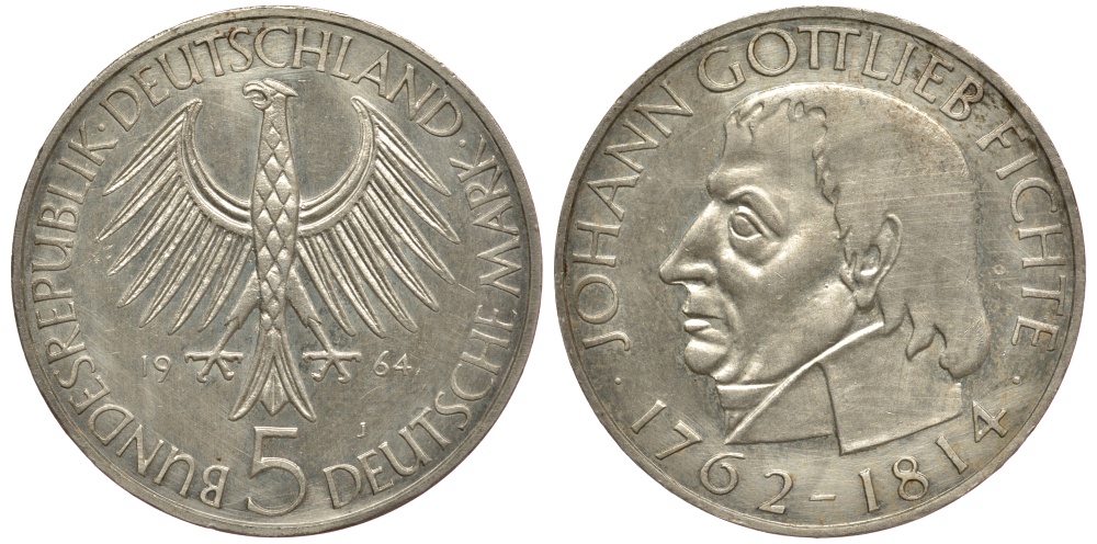 ФРГ 5 марок 1964 J, 150 лет со дня смерти Иоганна Готлиба Фихте J. 393, KM 118.1 серебро aUNC 3896-1224