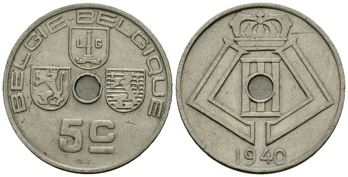 Бельгия 5 сантимов 1940 Belgie - Belgique KM 111 никель латунь 4173-634